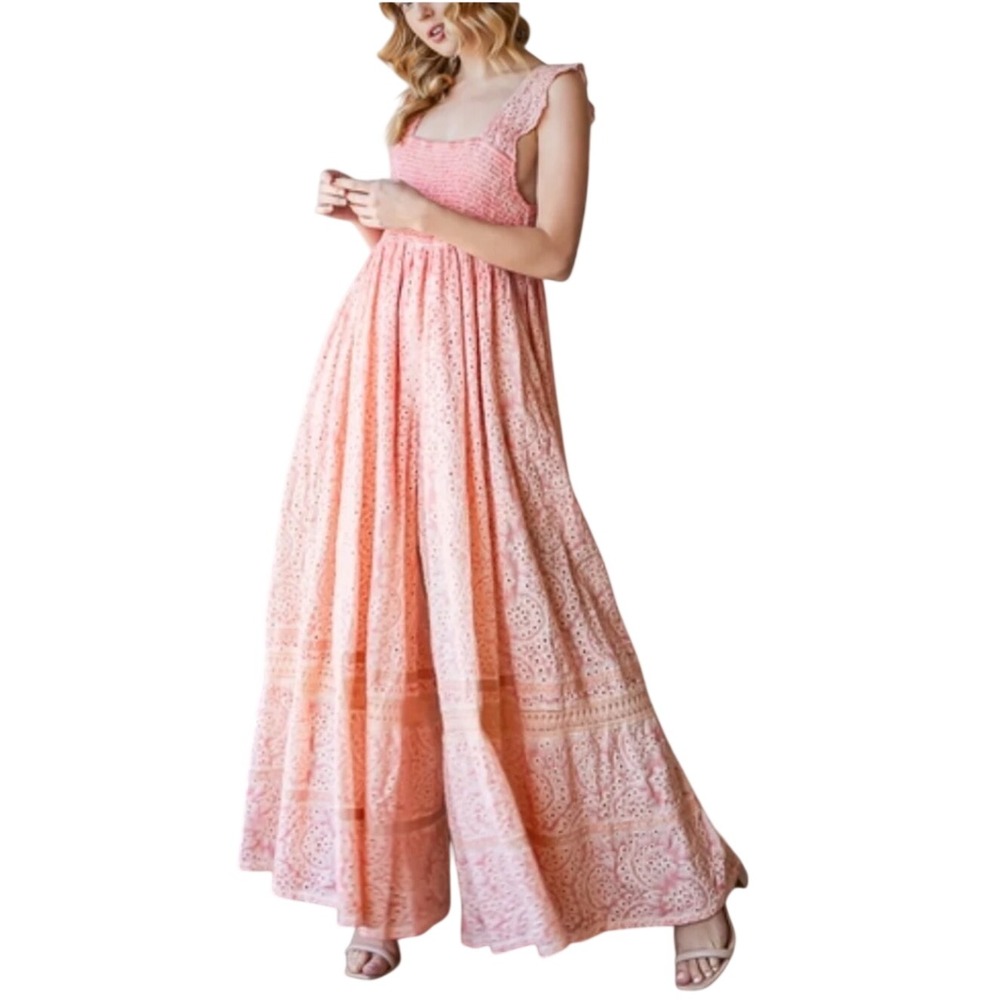 Oli & Hali Jumpsuit Large Pink Eyelet Smocked Wide Leg Ruffle Strap Boho
